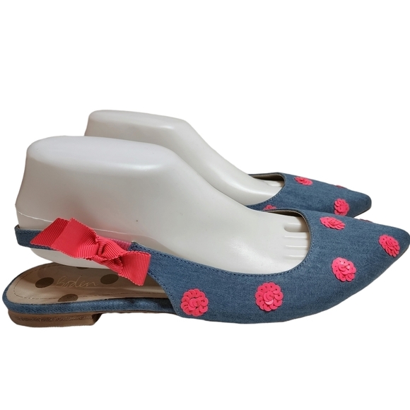 Boden Blue Denim Pink Sequin Pointed Toe Sling Back Flats Size EU 41 - Picture 3 of 13